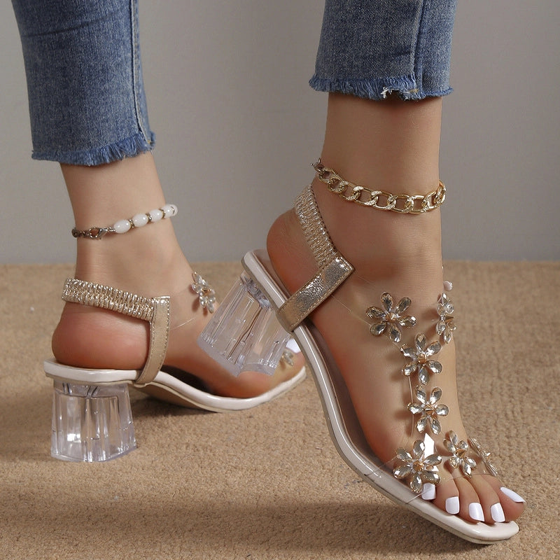 Women's Floral Rhinestone Block Heel Sandals