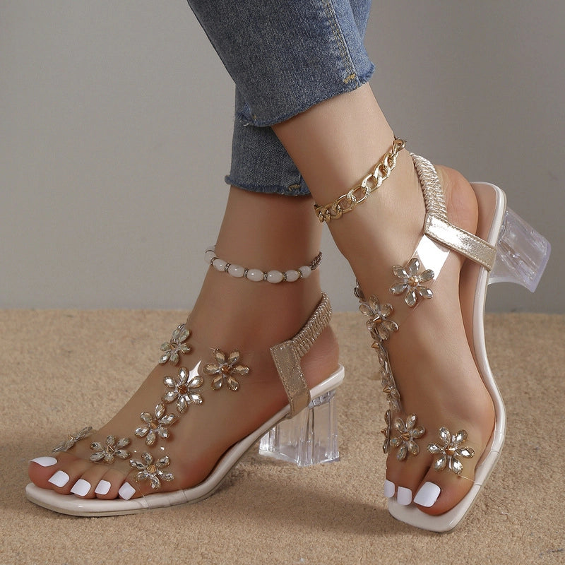 Women's Floral Rhinestone Block Heel Sandals
