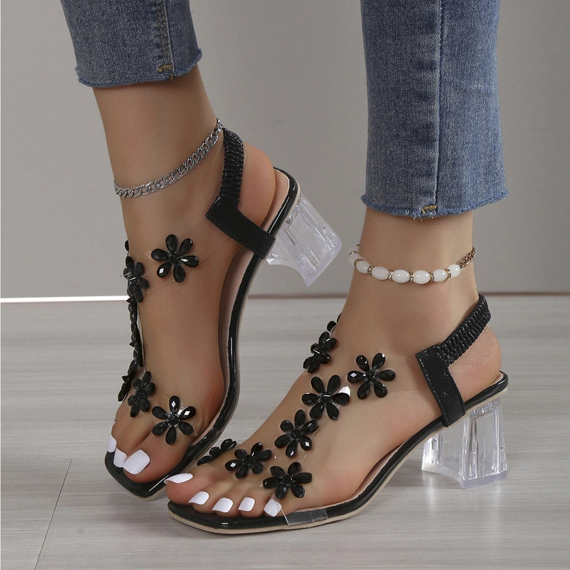 Women's Floral Rhinestone Block Heel Sandals