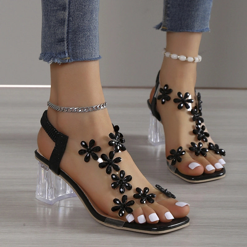 Women's Floral Rhinestone Block Heel Sandals